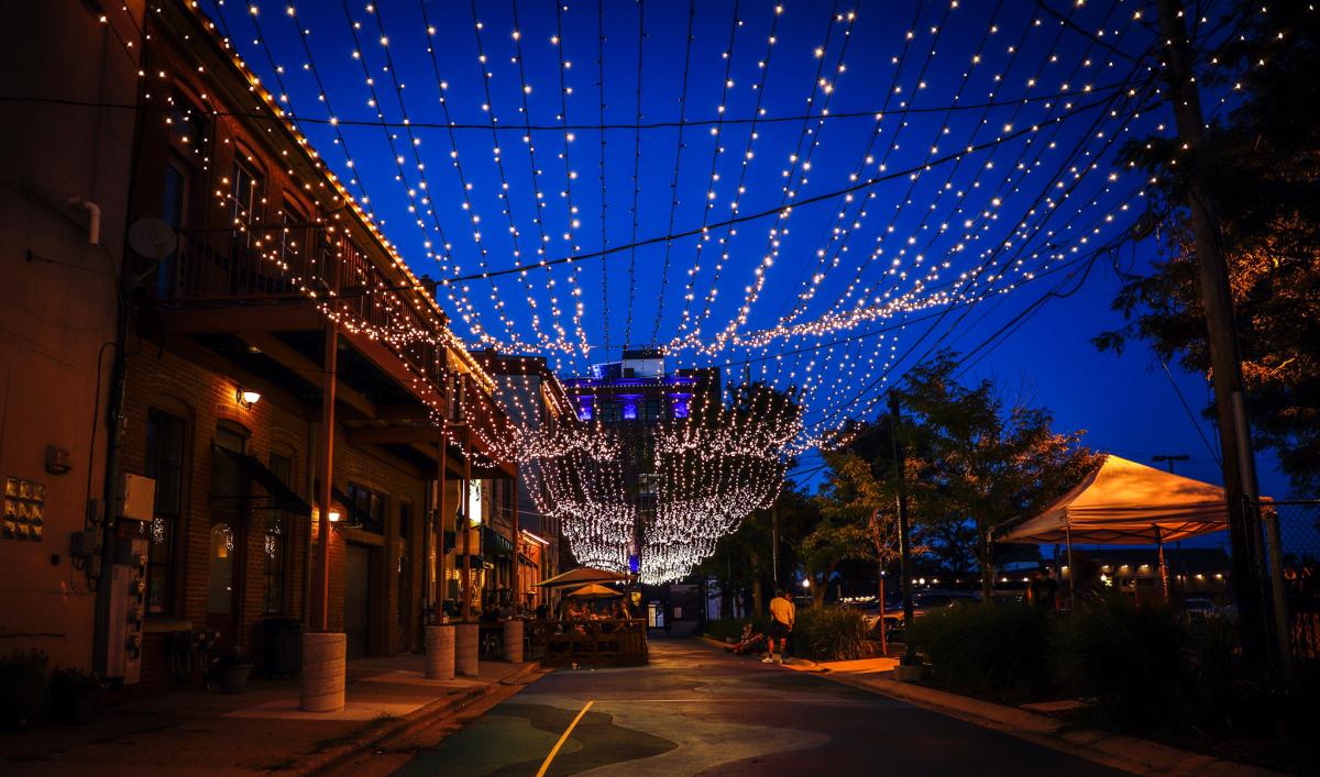 Lights strung over Bates Alley