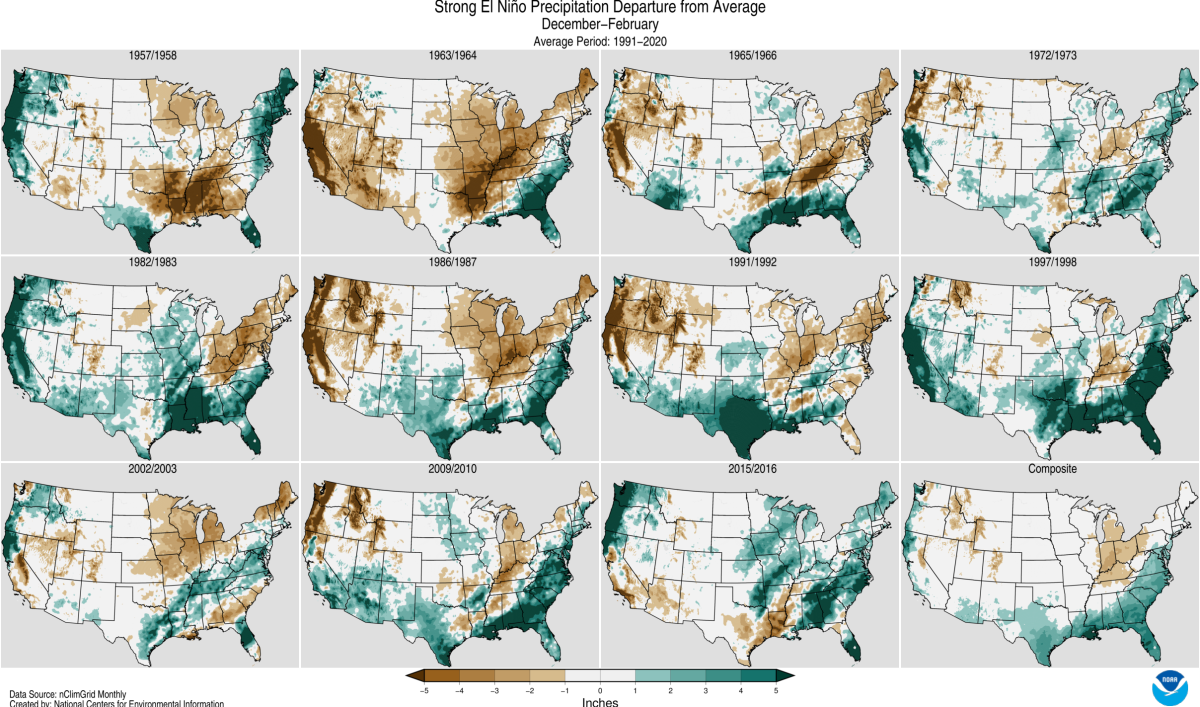 image of how rain and snow compared to normal, across the whole United States during strong El Niño winters