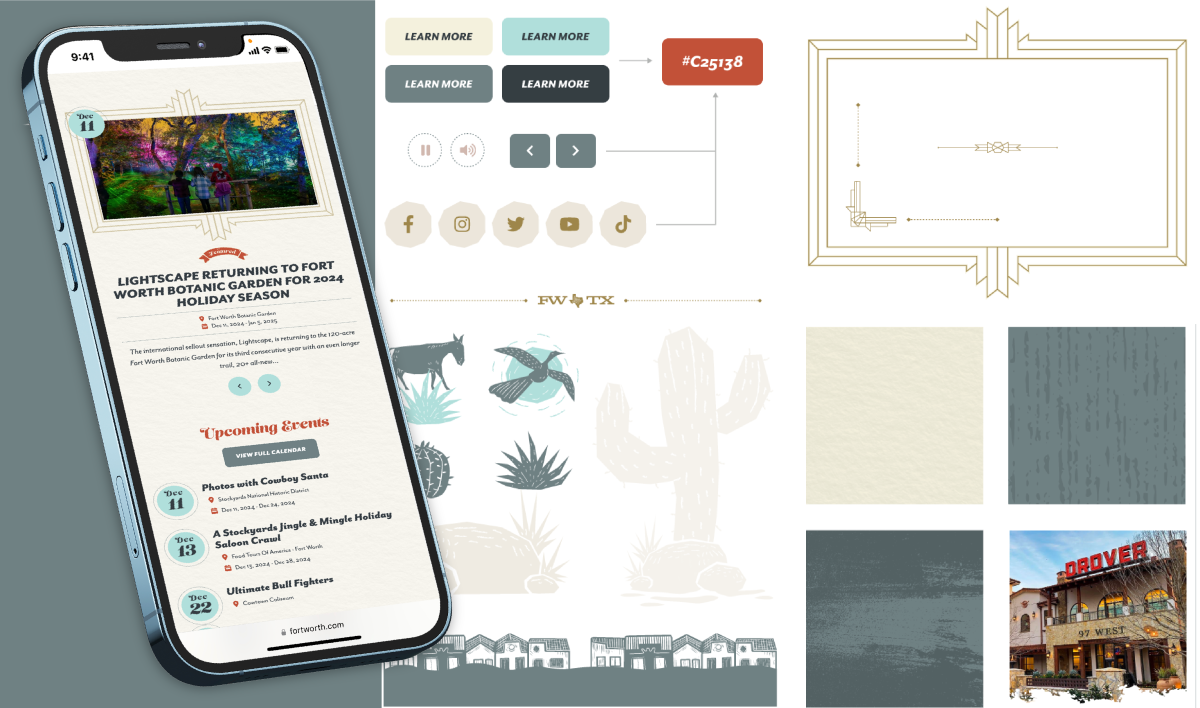 The Visit Fort Worth website mocked up on a mobile phone, next to rebranding materials.