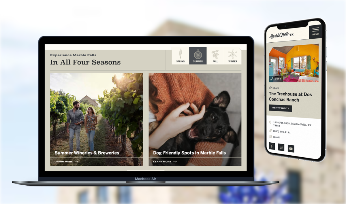 The redesigned Visit Marble Falls website mocked up on a laptop screen and mobile device.