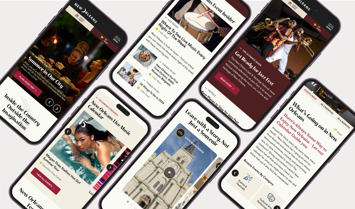 Several different mockups of the New Orleans & Company's redesign website.