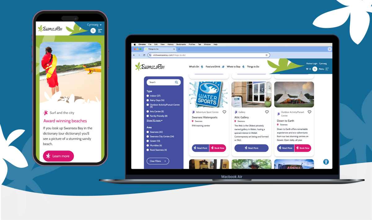 The Visit Swansea Bay website mocked up on both a laptop and mobile phone.