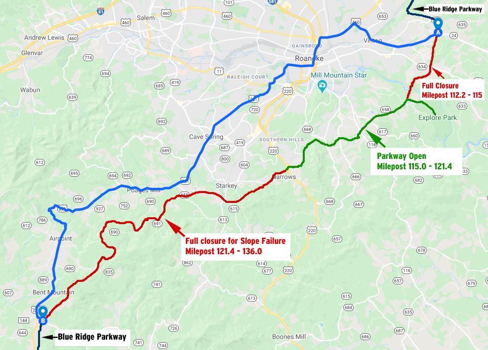 Blue Ridge Parkway - Roanoke, VA Detour Map
