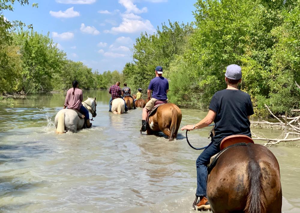 horseback riding through creek with Maverick Horseback Riding in Lockhart near Austin Texas