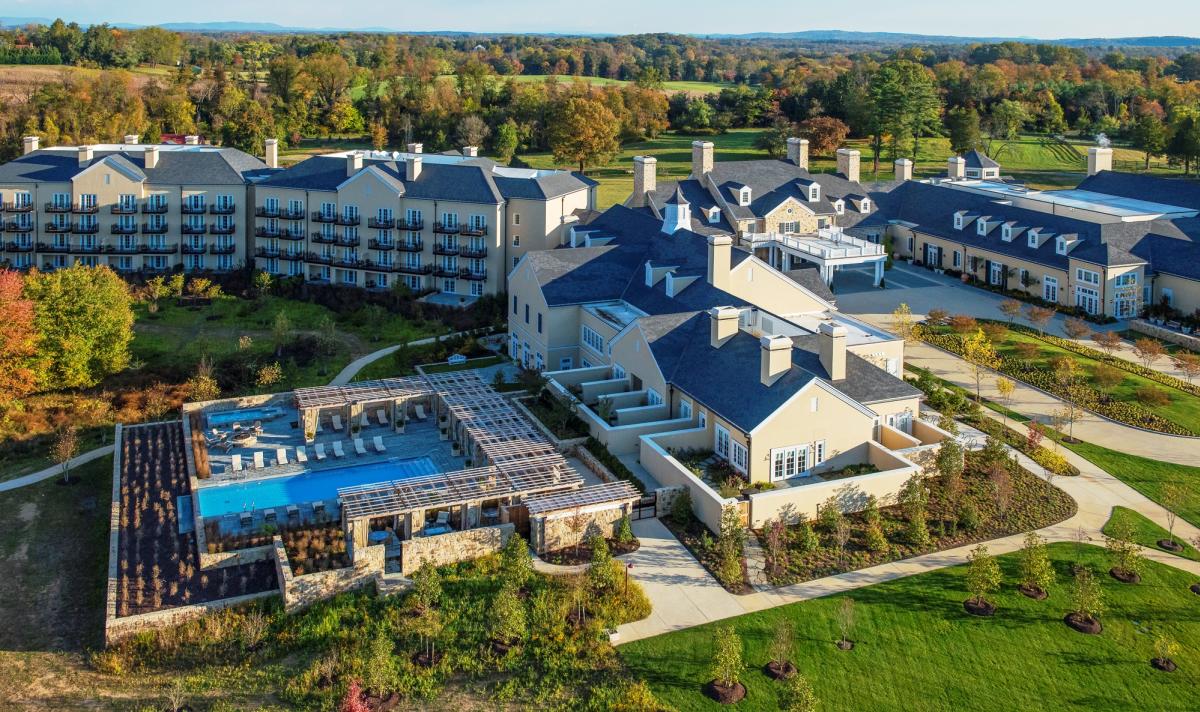 Aerial view of the pool and resort buildings at Salamander Resort and Spa in Middleburg, Loudoun County