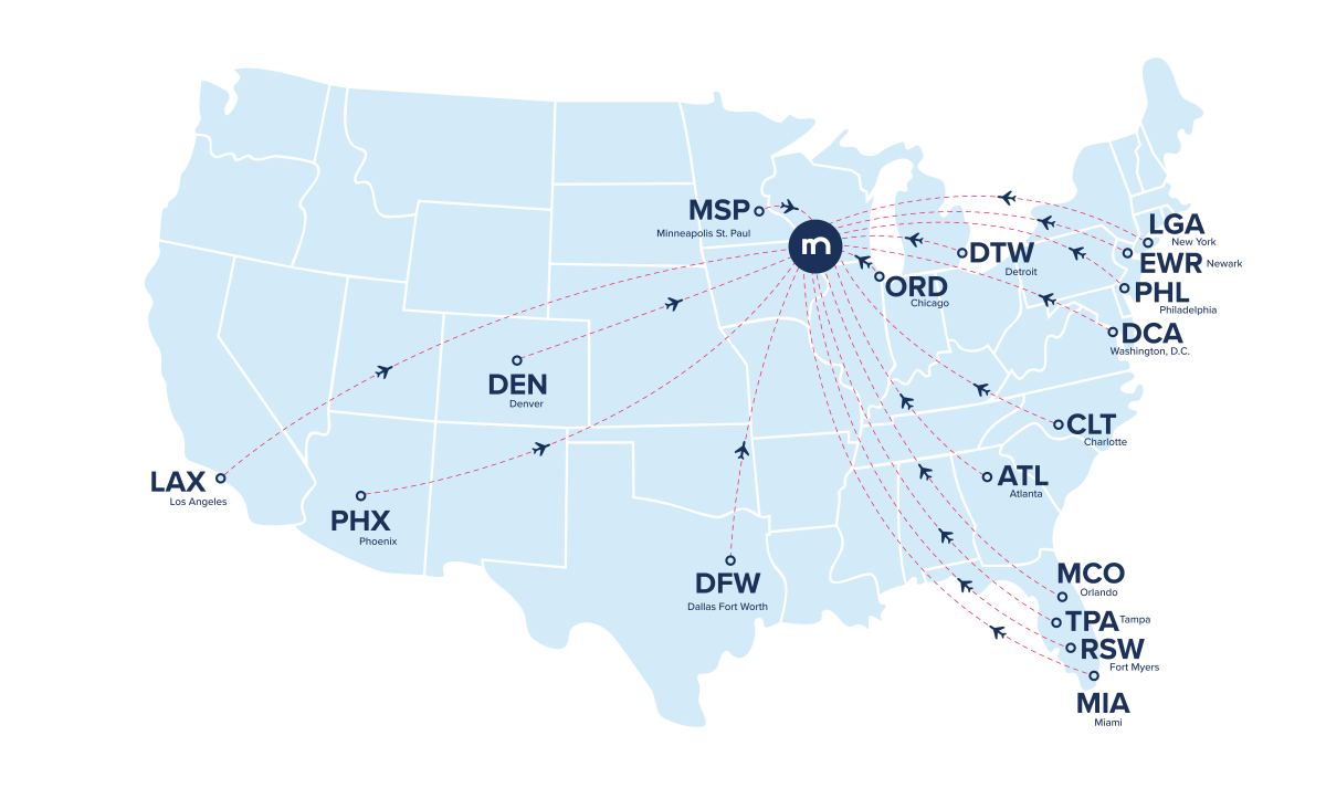 Map of direct flights to Madison
