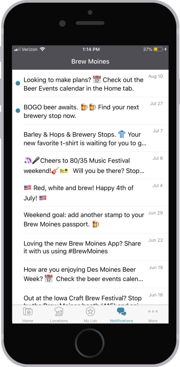 Brew Moines app push notifications