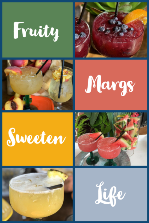 Four types of fruit-based margaritas and text that says fruity margs sweeten life
