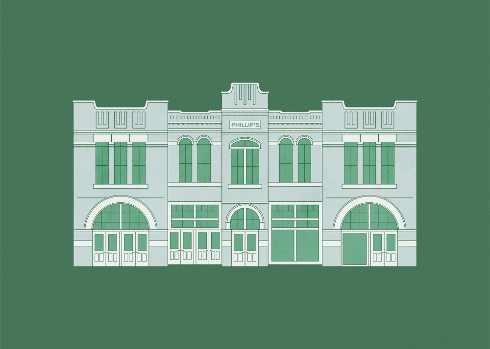 Illustration of the Austin Visitor Center in the Historic Phillips Building in shades of green and blue