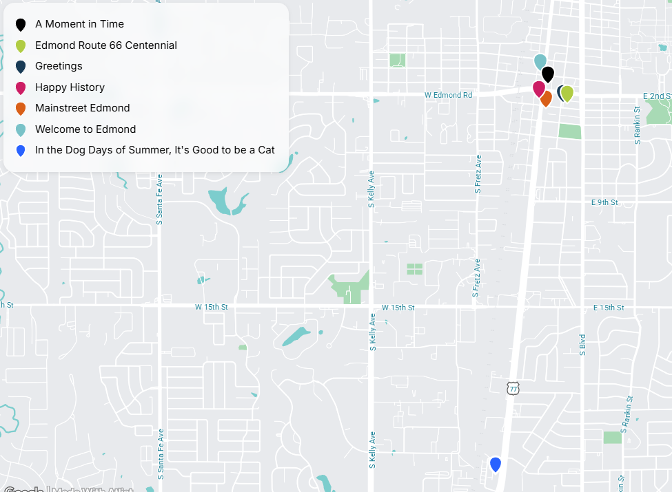 a map with pins for mural locations