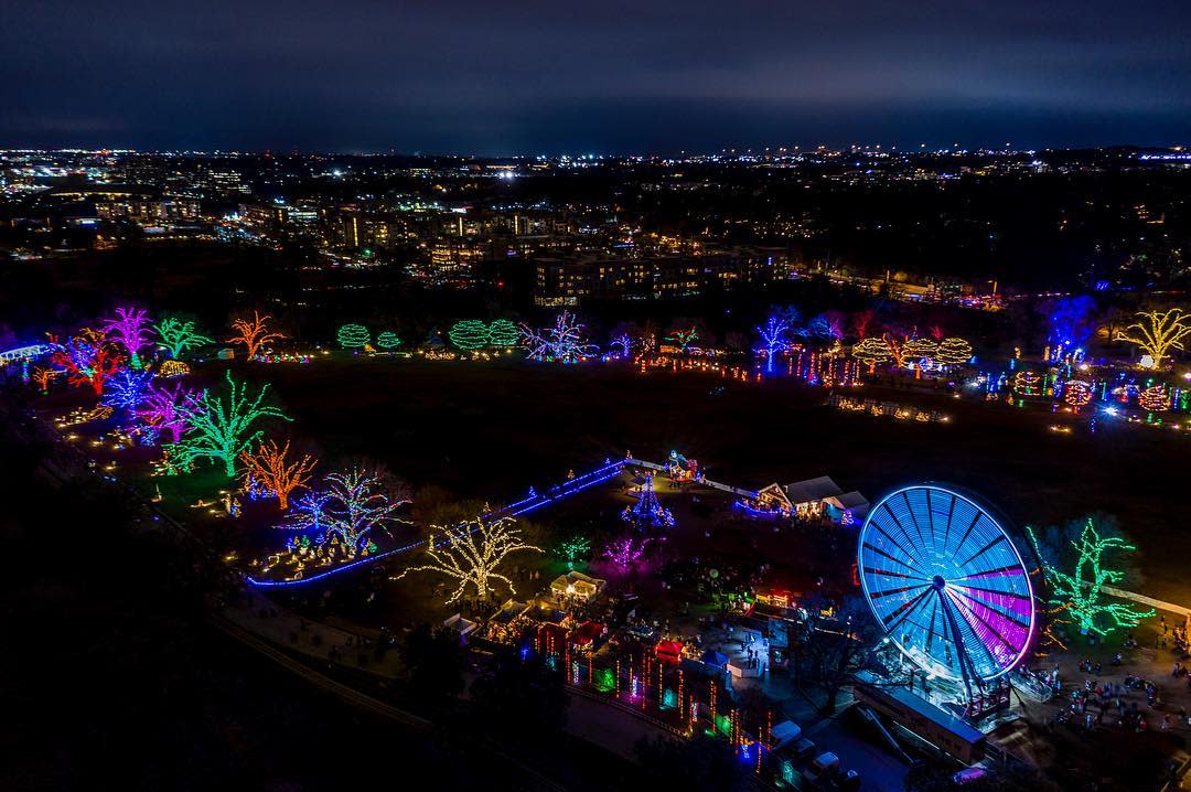 Aerial view of Austin Trail of Lights and Austin skyline