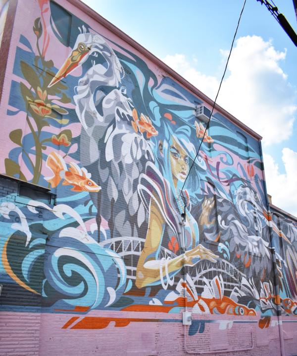 New mural on the Schmitt Furniture Store in downtown New Albany by Key Detail