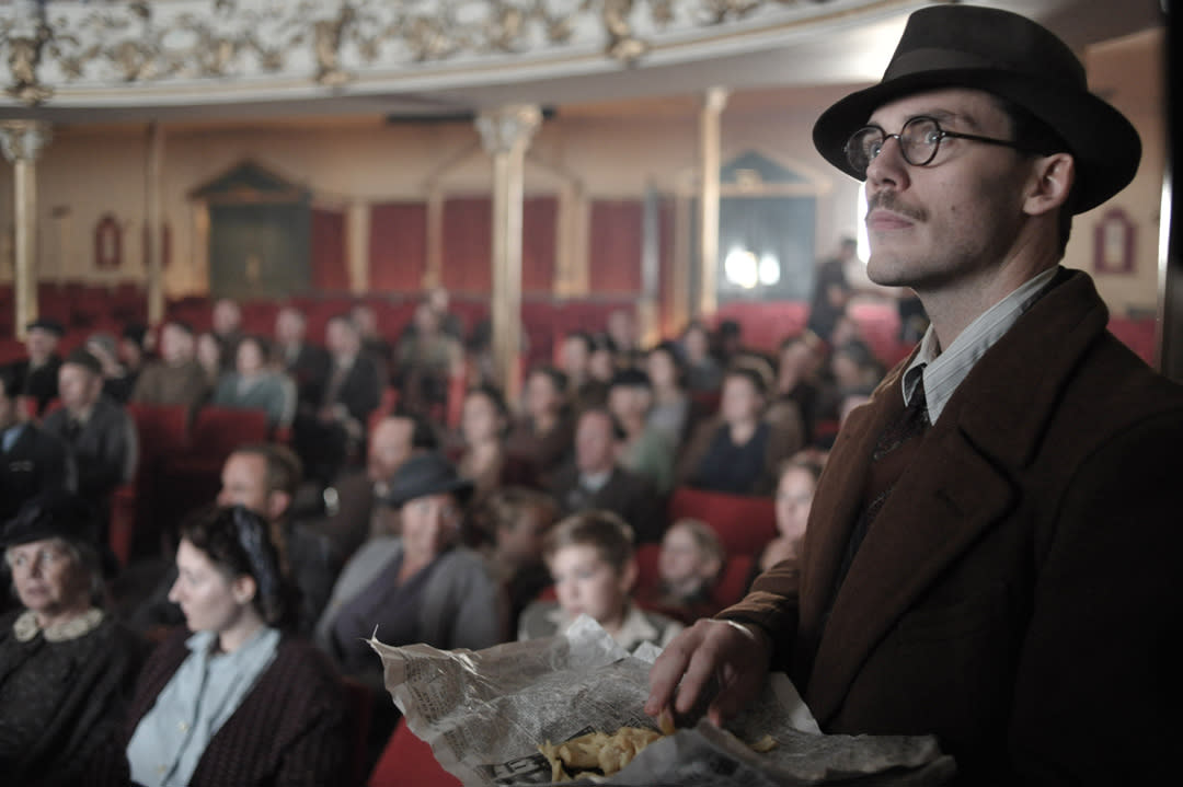 Sam Claflin filming Their Finest in Swansea Grand Theatre