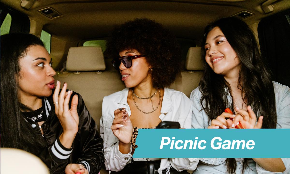 Image of three women in the backseat of a car talking and smiling. Picnic Game text in the bottom right-hand corner.