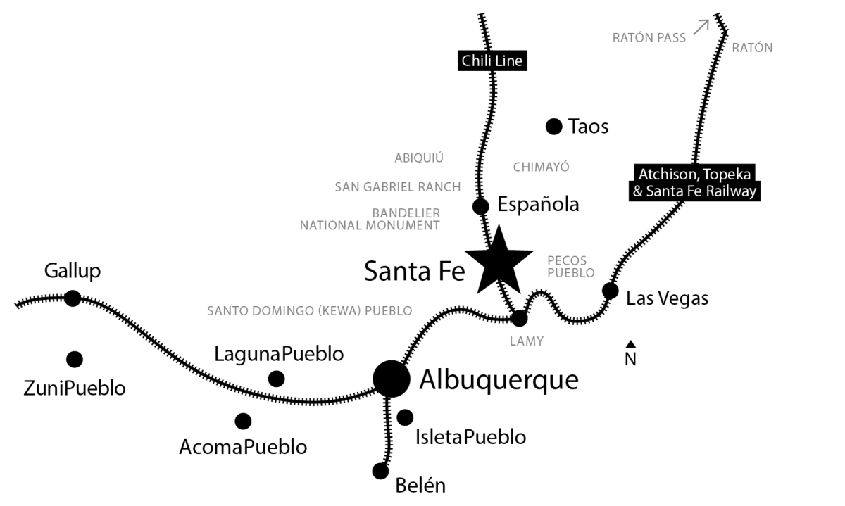 Simple map showing rail routes between Albuquerque, Santa Fe, Taos, and nearby pueblos and towns.