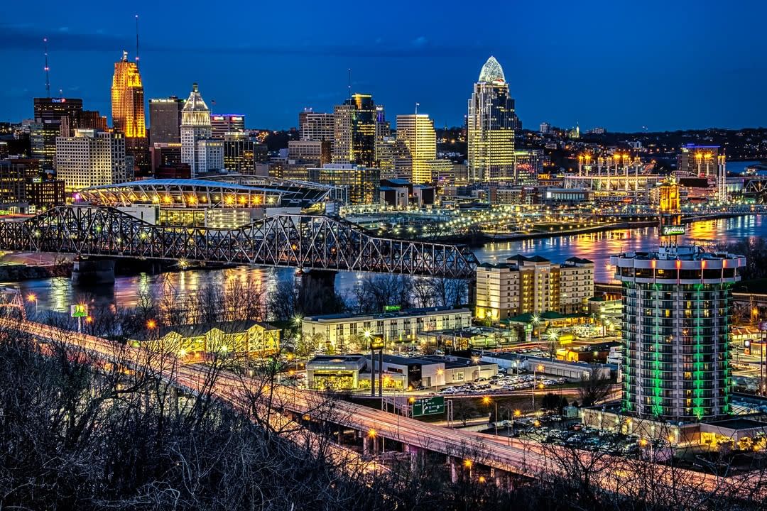 Cincinnati skyline at night taken from Devou Park