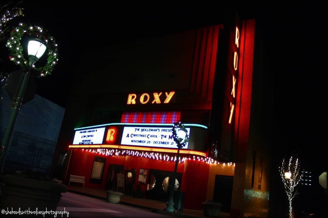 Roxy Theatre with Christmas lights