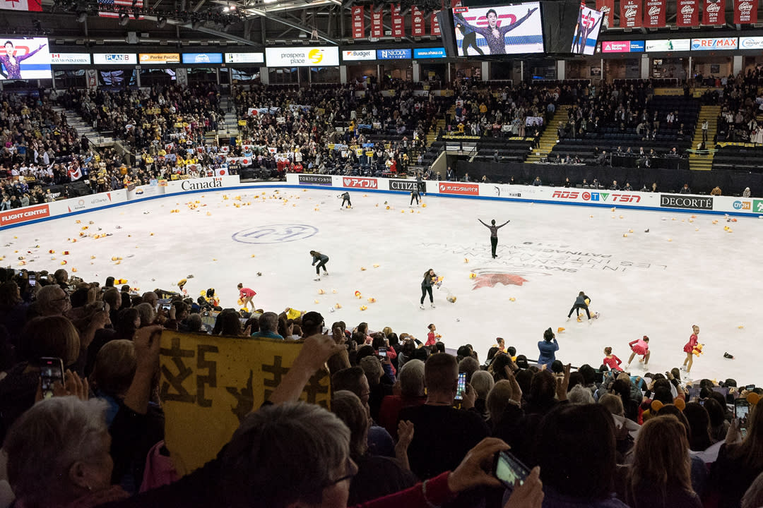 Japanese figure skater Yuzuru Hanyu stands on the ice at the end of his performance during the men's long program / free skate of Skate Canada International held at Prospera Place on October 26, 2019 in Kelowna, Canada. (Photo by Marissa Baecker/Shoot the Breeze)