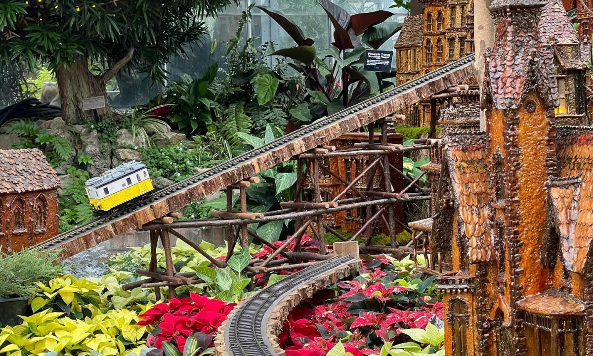 Image of a model incline going up hill surrounded by flowers and trees inside the Krohn Conservatory.