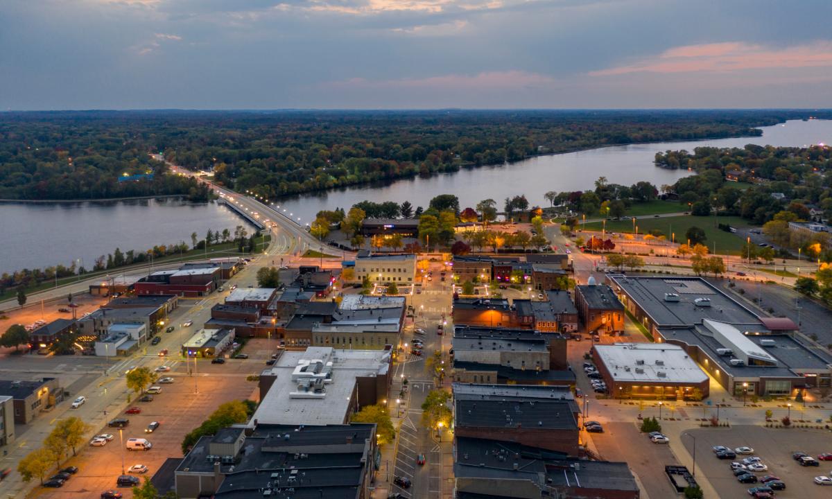 A birds eye view of the Wisconsin River, heading west near Downtown Stevens Point.