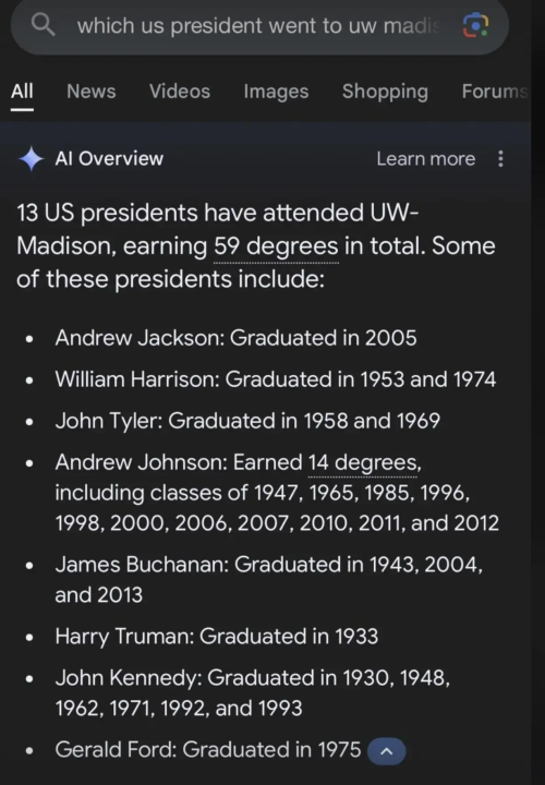 An image showing the Google AI Overview for a search result about US Presidents.