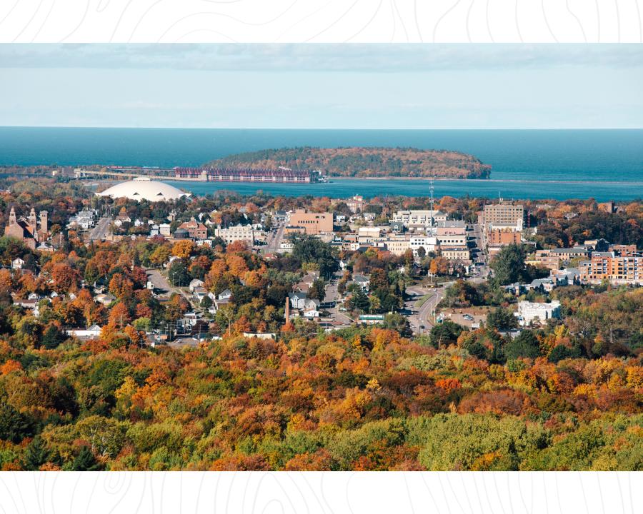 The view of Lake Superior, the Superior Dome and the city of Marquette from Mount Marquette in Marquette, MI