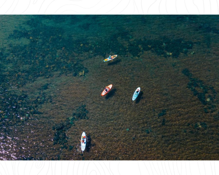 A group of four friends stand up paddle boarding on clear waters with a view of the sandy and rocky bottom of Lake Superior