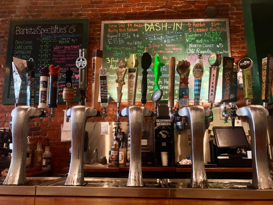 The menu boards above the bar at the Dash-in spell out the many specialty coffee drinks that the restaurant offers.