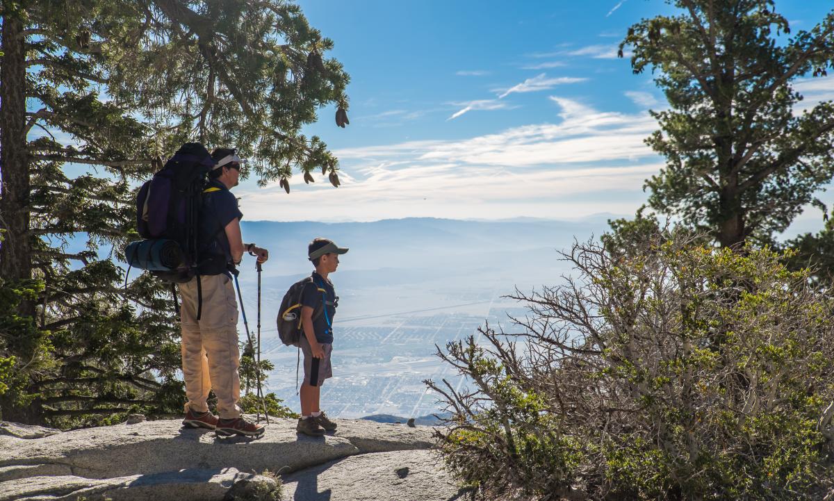 A father and son at a scenic overlook on San Jacinto Peak in California