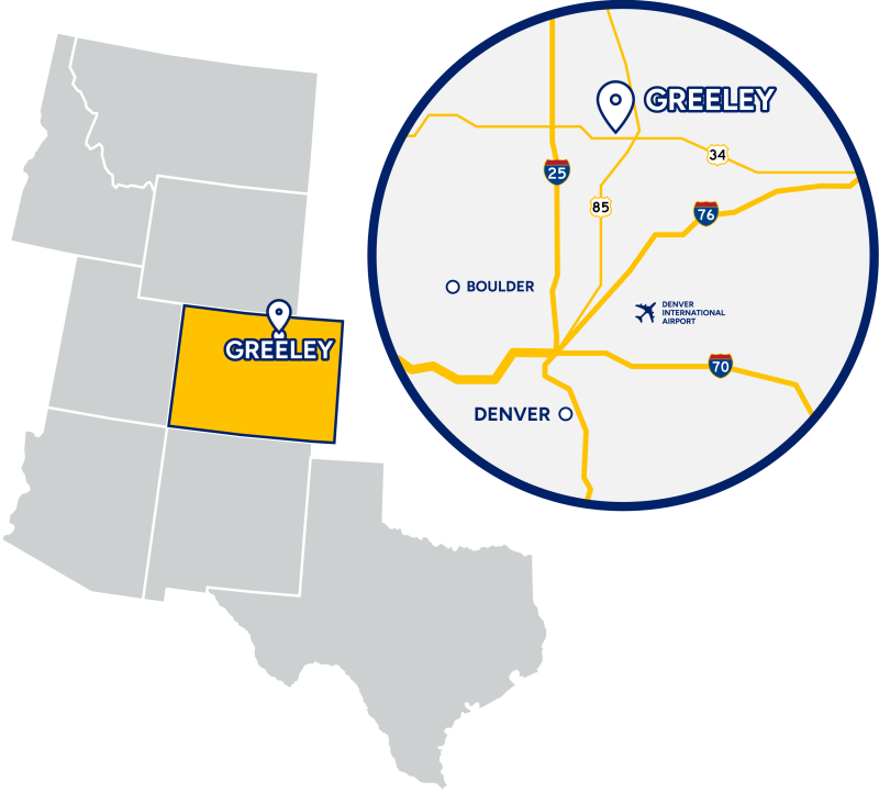 Regional map representing Greeley in Northern Colorado and in relation to Denver and Denver International Airport (DIA)