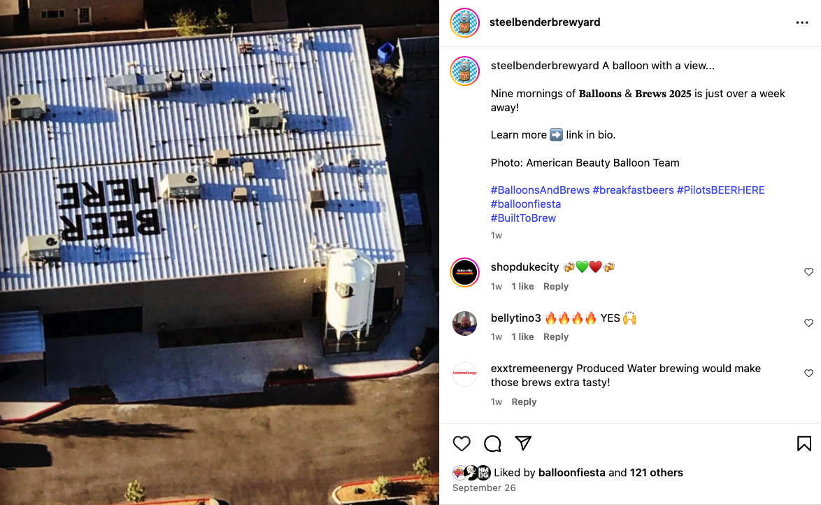 A screenshot of an instagram post from Steel Bender Brewyard showing the "beer here" sign on its roof.