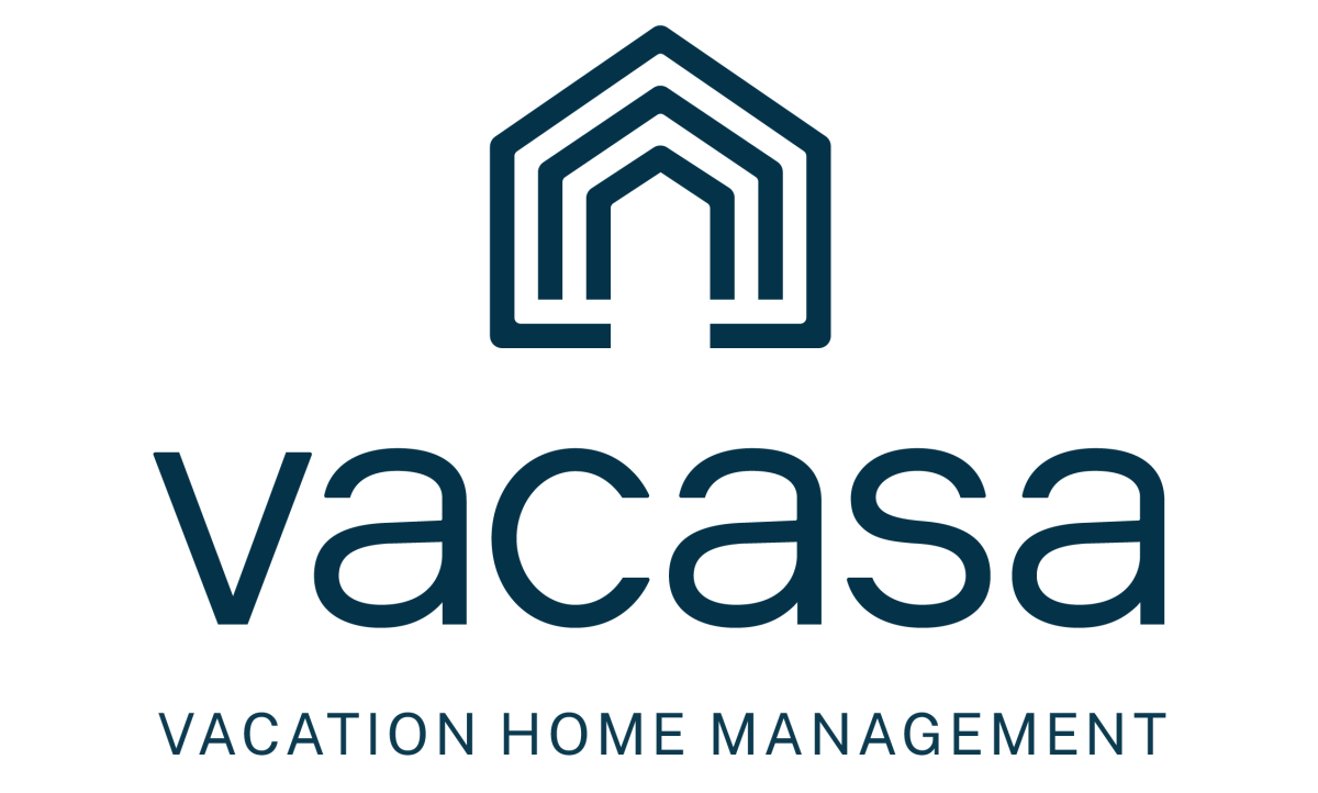 Black and white logo reading "vacasa, vacation home management." The logo drawing is an outline of a home