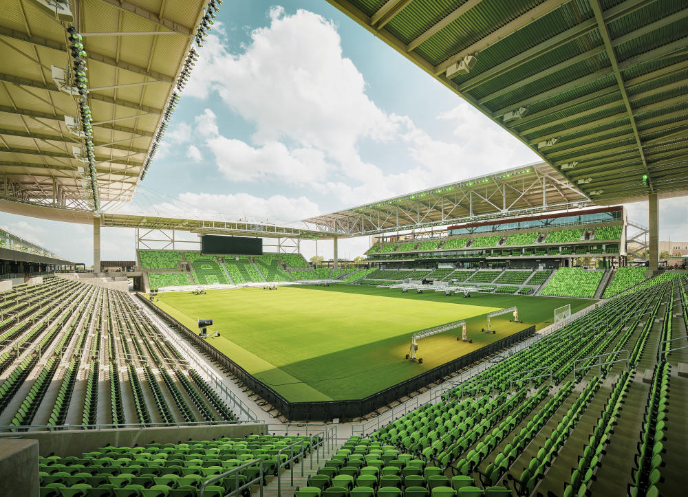 Daytime view of Q2 field and stadium interior from the northeast corner without spectators in the green seats