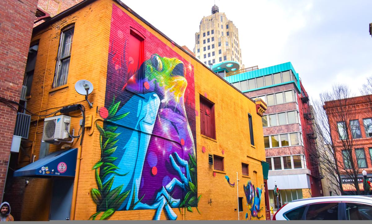 Mural of a colorful frog sitting in the grass look at the sky on an orange background
