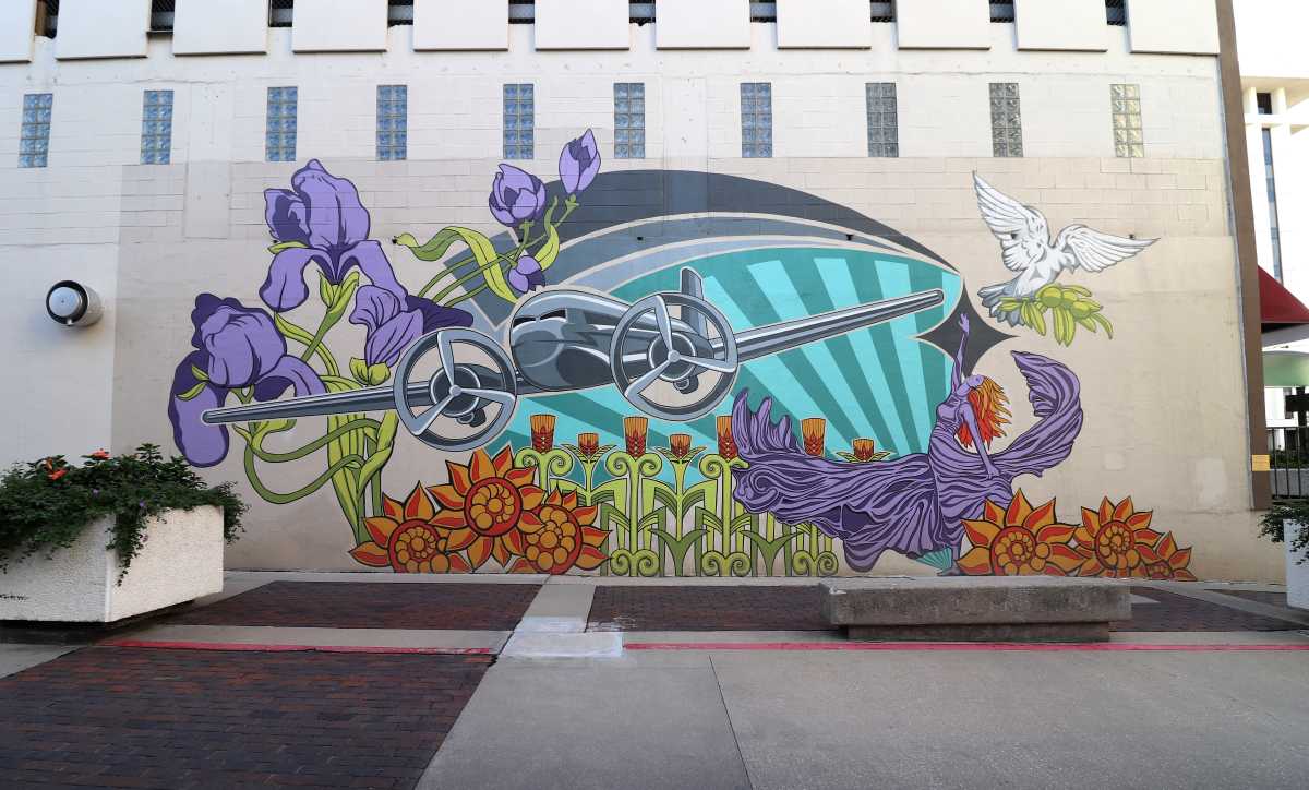 A mural of an airplane just west of the Garvey Center in downtown Wichita