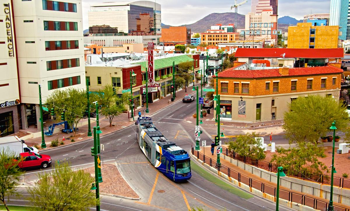Blue Sun Link streetcar operating through downtown Tucson
