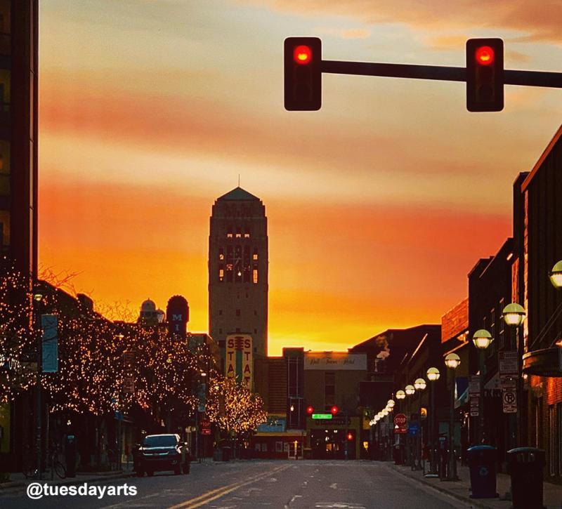 Sunset over State Street in downtown Ann Arbor
