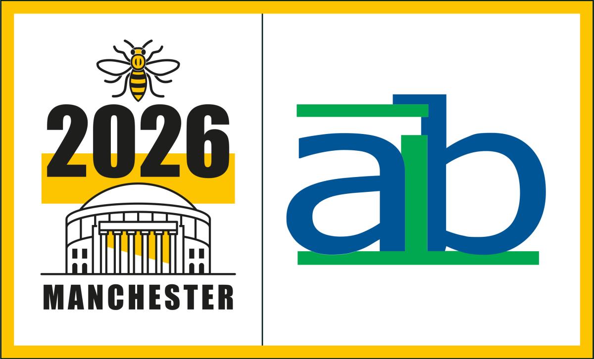Split graphic with a yellow border showing two logos side by side: on the left, a Manchester bee above “2026” with an illustration of Manchester Central Library and the word “Manchester”; on the right, a stylised lowercase “ab” logo in blue and green on a white background.