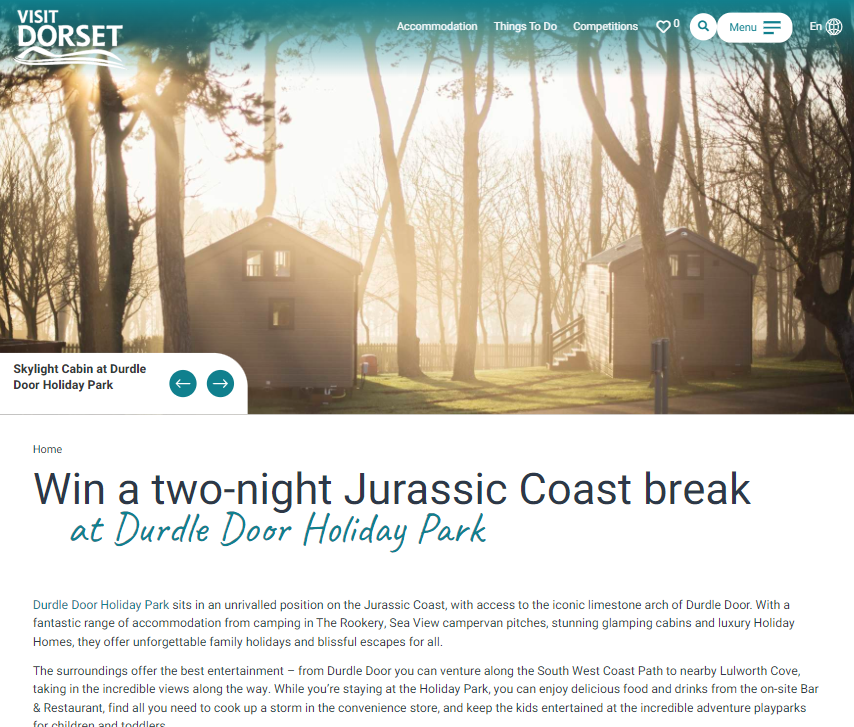 Screenshot of a Visit Dorset Competition with Durdle Door Holiday Park