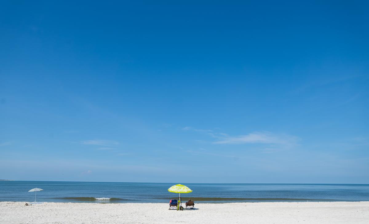 View of St. Joe Beach from behind showing people relaxing with chairs and beach umbrellas