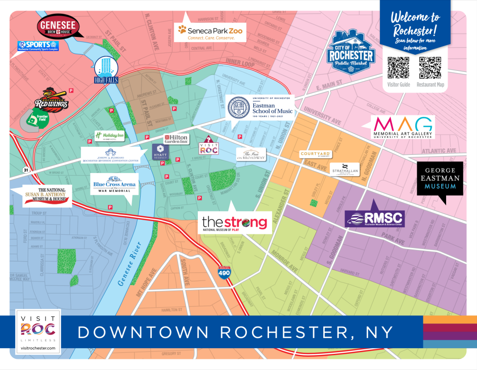 Map of attractions in downtown Rochester, NY