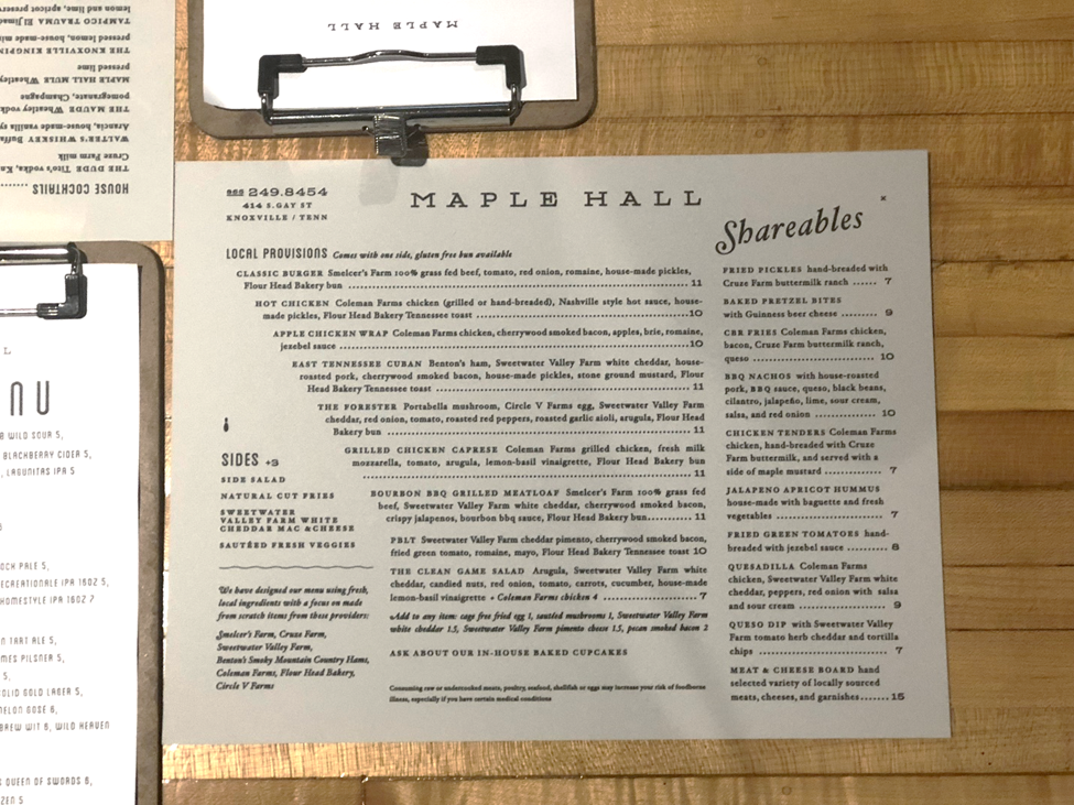 Maple Hall Menu