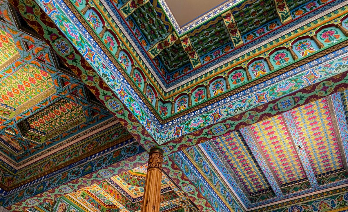 The intricate ceiling at the Boulder Dushanbe Teahouse