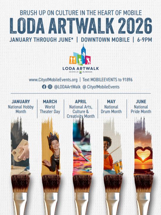 Social media graphic that displays the themes for each LoDa Artwalk from January-June 2026.