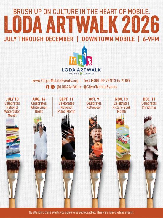 Social media graphic that displays the themes for each LoDa Artwalk from July-December 2026.