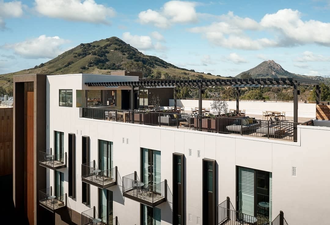 Hotel SLO High Bar on rooftop sitting areas in San Luis Obispo, CA