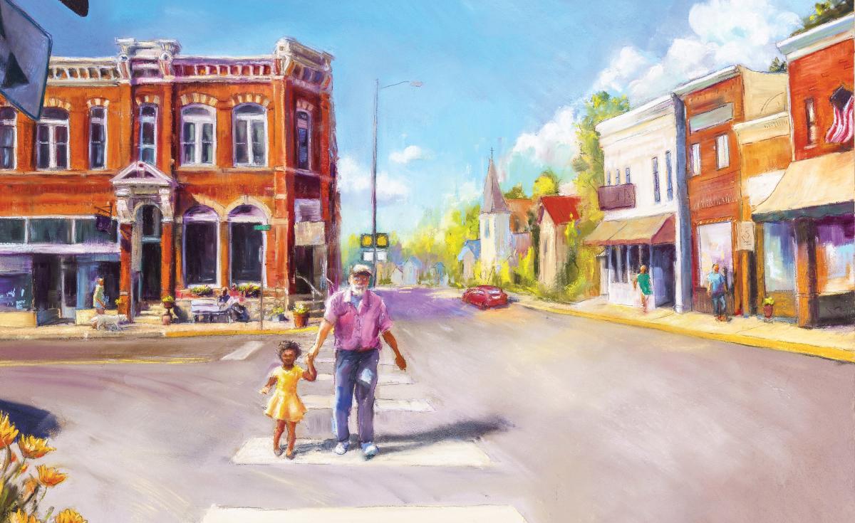 illustration people walking down main street