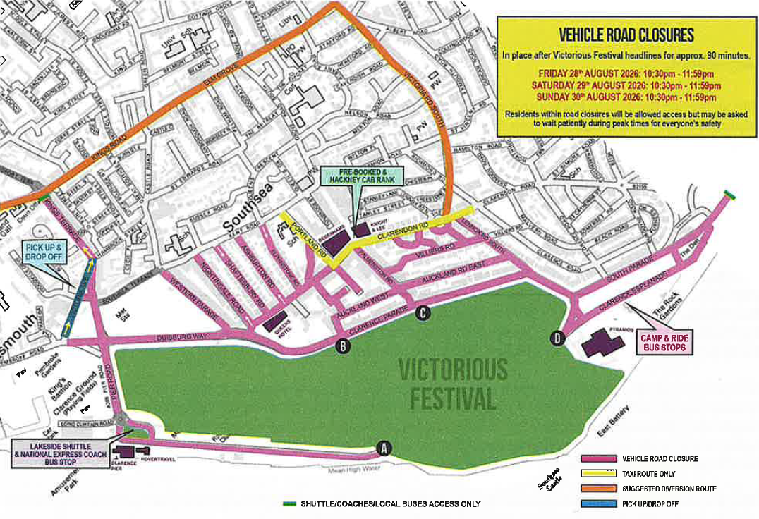 Map showing roads that will be closed during the egress of Victorious Festival 2026