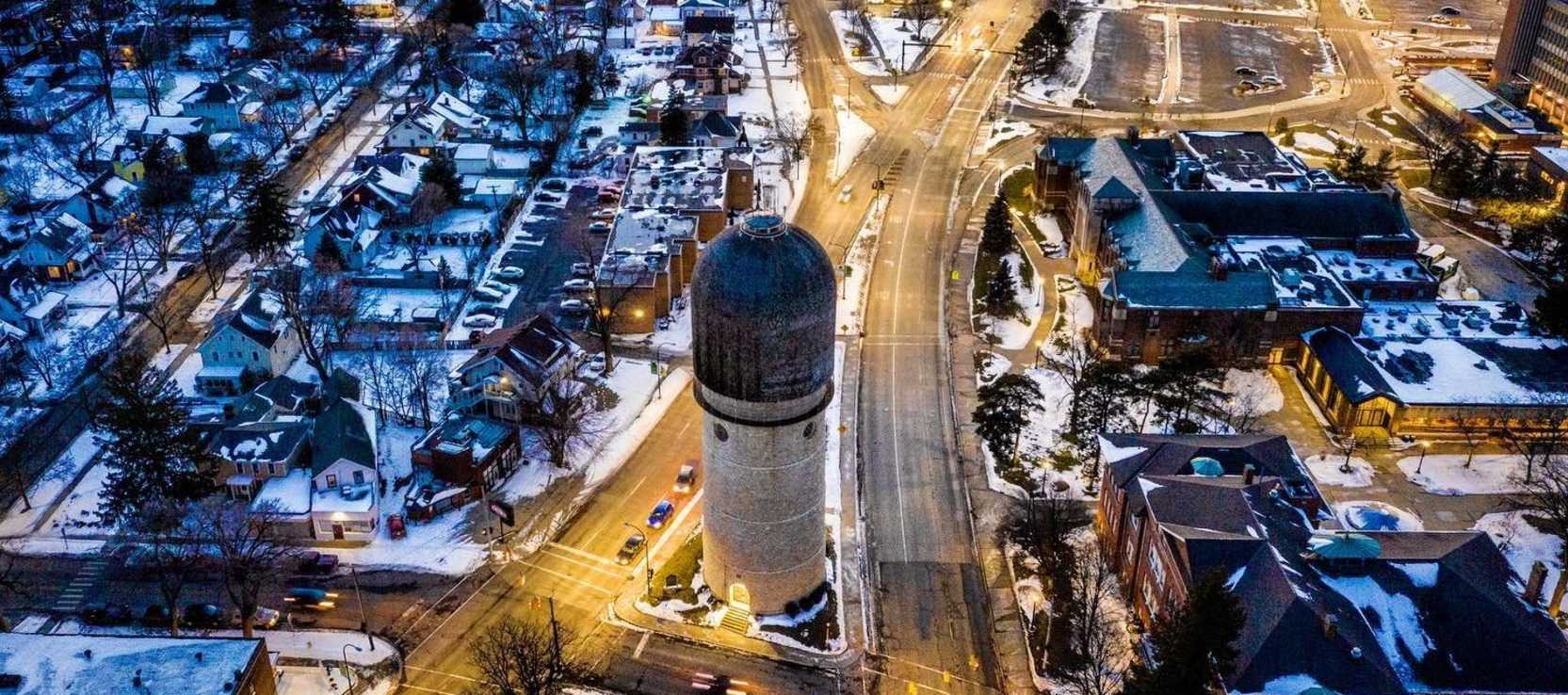 water tower in winter above view