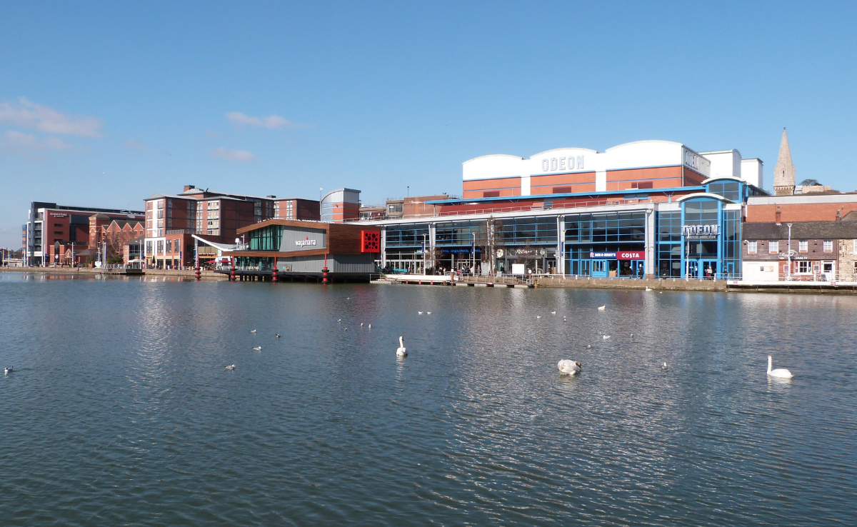 View of the Brayford Wharf from the water in Lincoln